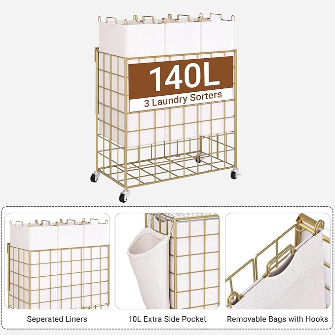 Laundry Basket with Wheels, Heavy Duty Laundry Sorter 3 Sections, 140L (37Gal.) Large Capacity Laundry Hamper with Wood Lid, 360 Rolling Wheels, Extra Side Pocket, Leather Pull Handle, Golden