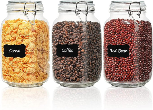 ComSaf Set of 3 Square Glass Jars with Airtight Lids (51 Oz), Wire Clamp Canisters for Pickling, Kombucha & Bulk Food, Wide Mouth Canning Jars for Space Saving Kitchen & Pantry Organization
