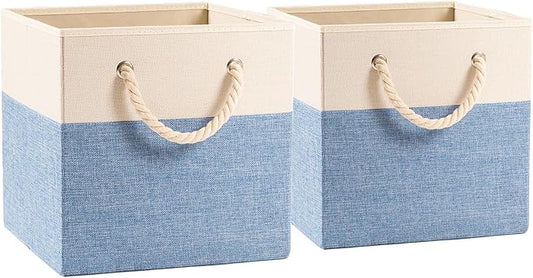 PRANDOM Large Foldable Cube Storage Bins 13x13 inch [2-Pack] Fabric Linen Storage Baskets Cubes Drawer with Cotton Handles Organizer for Shelves Nursery Closet Bedroom Beige/Blue