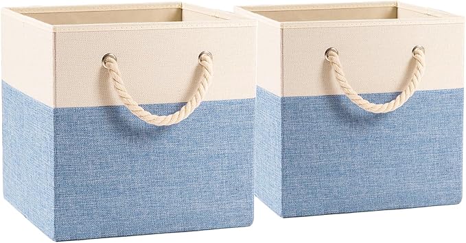 PRANDOM Large Foldable Cube Storage Bins 11x11 inch [2-Pack] Fabric Linen Storage Baskets Cubes Drawer with Cotton Handles Organizer for Shelves Nursery Closet Bedroom Beige/Blue