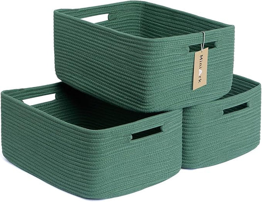 MiniArk Large Storage Baskets for Shelves, Closet Organizers Bins for Clothes Blanket Towels, Baby Nursery, Toy Baskets Box, Woven Rope Baskets, 17 x 13 x 7.5”, 3 Packs Green