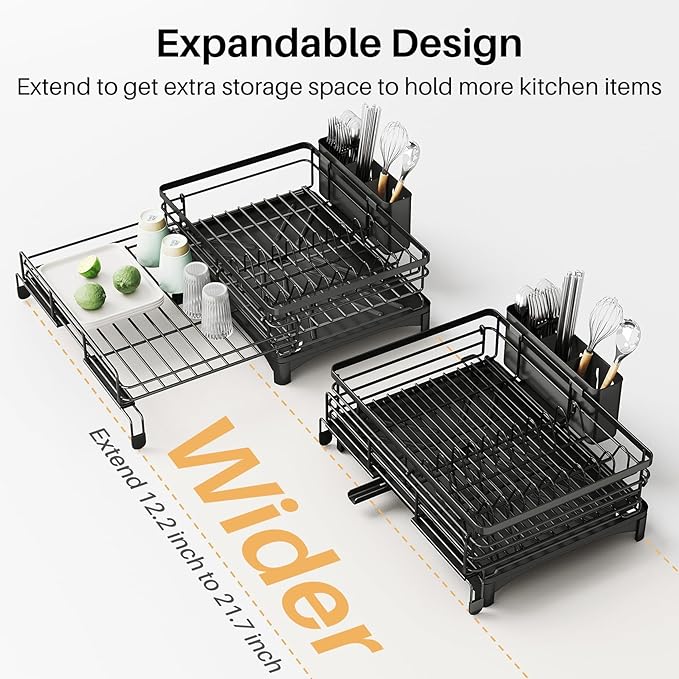 Premium Expandable Dish Drying Rack with Drainboard – 2-in-1 Large Capacity Countertop & Over-Sink Dish Rack, Rust-Resistant Metal