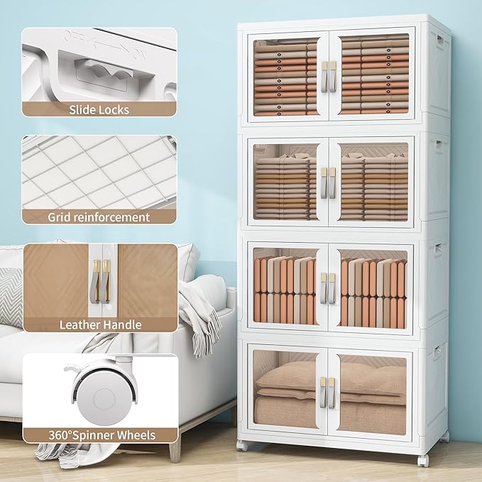 UAMFURI Stackable Storage Bins with Doors & Lids & Wheels, Foldable Collapsible Closet Organizers, Large Storage Cabinet for Bedroom Dorm (6, XL)