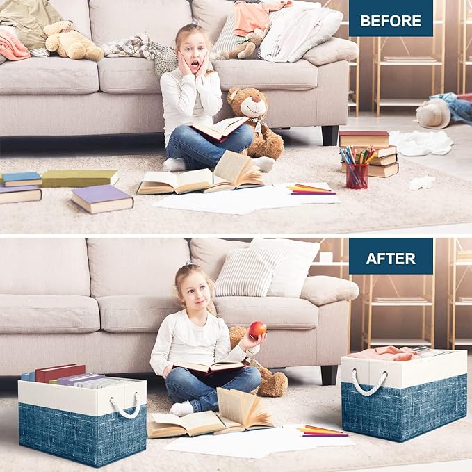 Fab totes Storage Bins [6-Pack], Foldable Storage Baskets for Organizing Toys, Books, Shelves, Closet, Large Storage Box with Rope Handles, Sturdy Organizer Bins, White & Blue