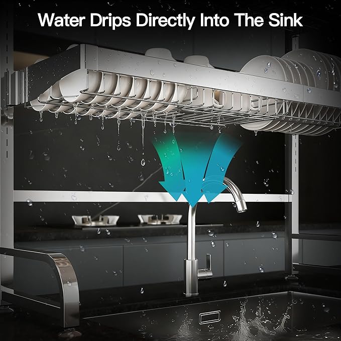 3 Tier Extra Large Stainless Steel Expandable Over The Sink Dish Drainer Drying Rack, Rust Proof Metal, Space Saving, Modern Silver Big Capacity Extendable Plate Strainers Above Kitchen Counter