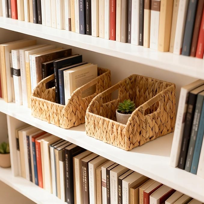 Pantry Baskets and Organizers, Large Wicker Baskets for Shelves, Handwoven Labeled Storage Basket for Organizing with Handles-Water Hyacinth Storage Bins, Boho Decorative, 3Pack, Natural