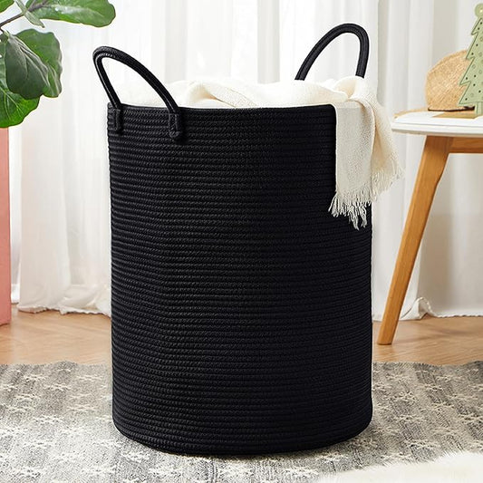 60L Black Woven Cotton Rope Laundry Hamper Basket for Clothes Tall Modern Blanket Storage Basket in Living Room Bedroom 15Dx20H inches