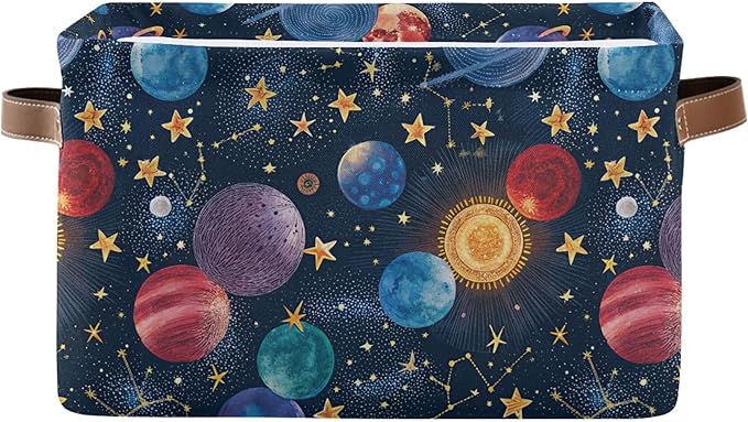 xigua Cartoon Planets Storage Basket Collapsible Storage Bins Waterproof Canvas Storage Basket with Leather Handles for Home Closets Offices,Bedrooms,Gift Baskets,2PCS