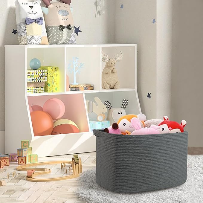 MEGASKET Extra Large Rope Basket, 23.6" x 17" x 12" Rectangle Wicker Baby Laundry Basket, Kids Toy Storage Baskets, Woven Basket for Blankets Clothes Pillows, Laundry Room Organization, Dark Grey