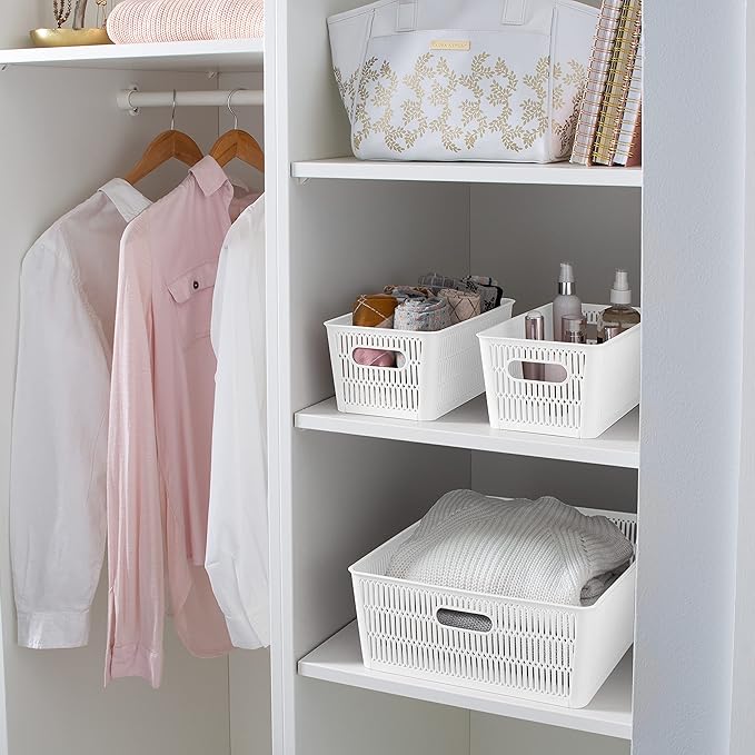 Simplify 4Pk Small Slide 2 Stack It Tote Basket | Storage & Organization | Open Bins with Stackable Capability | Bathroom | Crafts | Pantry | Playroom | Office | White