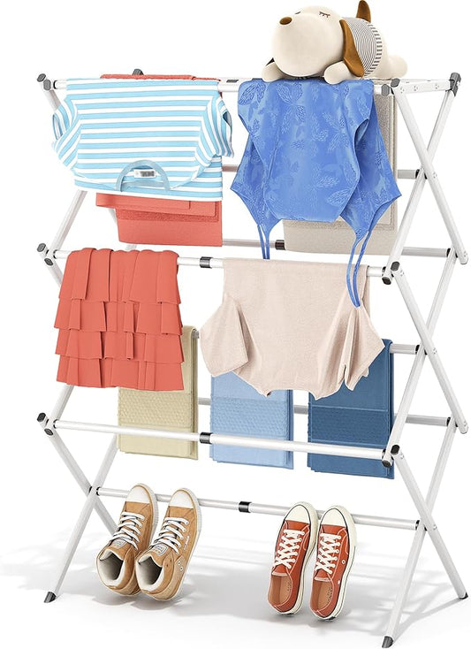 APEXCHASER Clothes Drying Rack Folding - 3 Tier Laundry Drying Rack for Clothes, Expandable Metal Clothing Dryer, Collapsible Towel Rack, Air Drying Rack, White