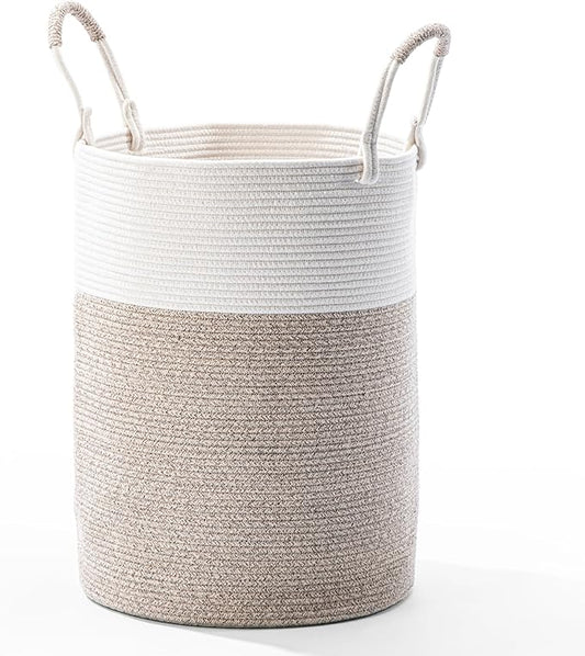 Laundry Basket – Laundry Hamper for Clothes, Blankets, Yoga Mat – Woven Cotton Rope Basket for Living Room, Nursery Room – Boho Style – 16”D x 22”H – White & Beige Brown