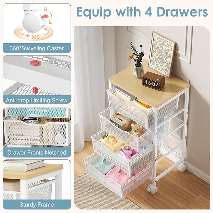 Sbanmao Utility Cart with 4 Drawers, Rolling Storage Cart, Metal Rolling Drawer Cart with Lockable Wheels and Wooden Tabletop, Craft Storage Art Cart for Living Room, Bedroom, Classroom, Office, White