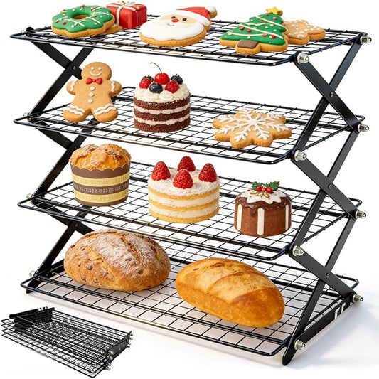 4 Tier Collapsible Cooling Rack - 3 Setting Adjustable & Stackable Stainless Steel Baking Rack, Stackable Cooling Racks for Baking, Cookies, Cakes, Roasting, Grilling, Drying, Space-Saving (Black)