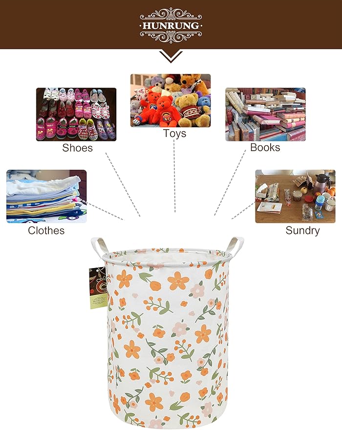 HUNRUNG Collapsible Fabric Storage Basket, Waterproof Laundry Hamper with Handles, Round Storage Bin for Clothes Toys, Foldable Organizer for Bedroom Nursery Bathroom(Round-Orange Flower)