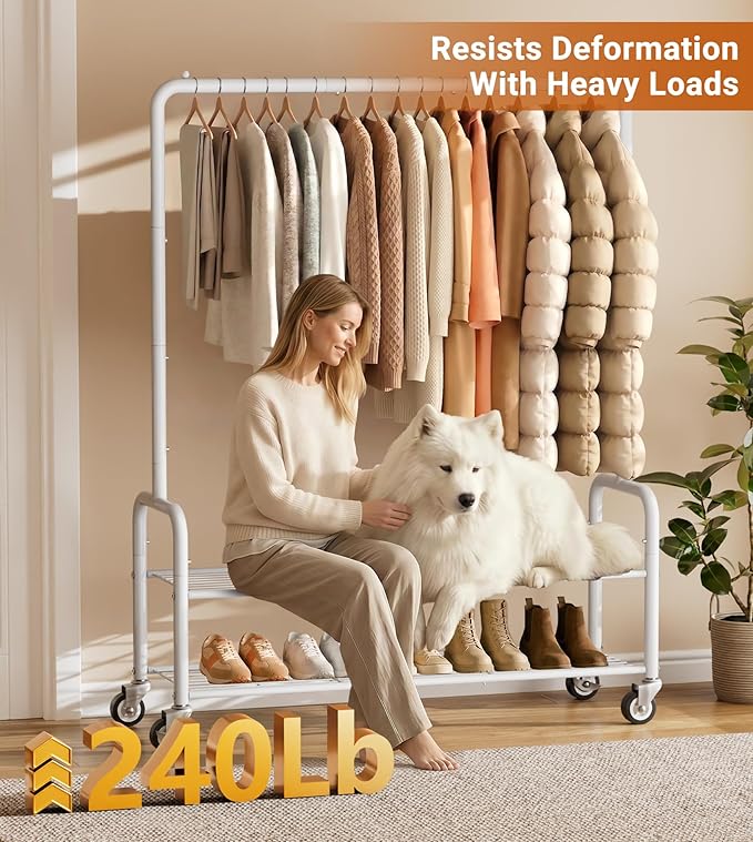 AOODA Heavy Duty Clothes Rack with Shelves, 46.5'' Metal Rolling Clothing Racks for Hanging Clothes, Wardrobe Garment Rack with Lockable Wheels for Coats, Shirts, Shoe Boxes (White)
