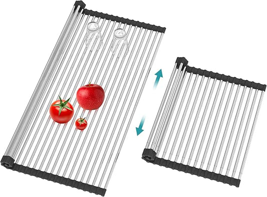 BBXTYLY Extra Large Expandable Roll Up Dish Drying Rack,Over The Sink Drying Rack Sink Cover Kitchen Sink Accessories Kitchen Rolling up Stainless Steel Drainer, Foldable,Rollable（Black，22.8''-17.3''）