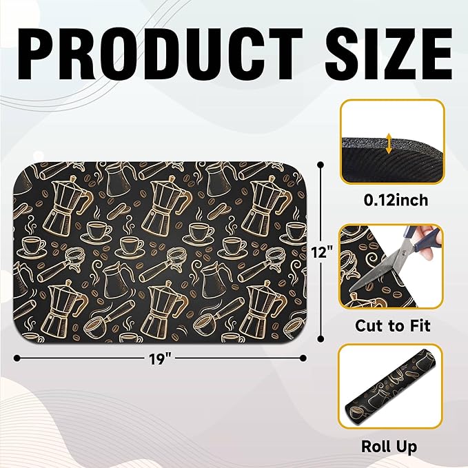 Black and Gold Coffee Tool Coffee Drying Mat 12" x 19", Absorbent Waterproof Coffee Station Mat, Protects Countertops from Spills Stains for Coffee Makers and Home Baristas
