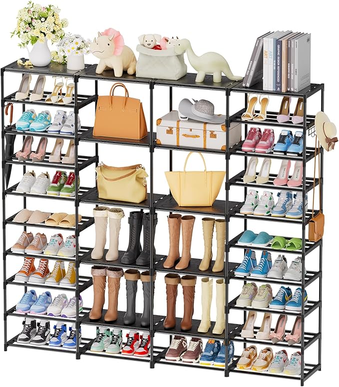 Ekisemio Large Shoe Rack Organizer for Entryway Closet 72-80 Pairs 10-Tier Heavy Duty Tall Garage Shoe Rack Shoe Shelf Shoes Storage with Removable Side Hooks for Bedroom and Garage, Black
