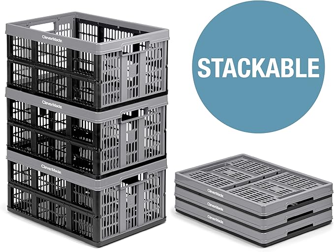 CleverMade Collapsible Utility Crate, Stone, 1PK - 32L (8 Gal) Collapsible Storage Bins, Holds 40lbs Per Bin - Plastic Stackable Grated Wall Utility Containers, CleverCrates Baskets