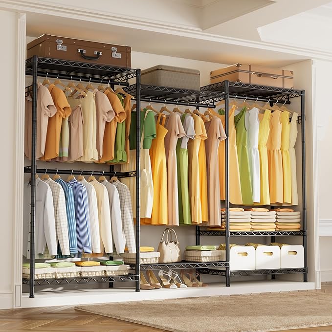 Golpart Heavy Duty Garment Rack Clothes Rack,Large Metal Closet Organizer System Storage Wardrobe,Freestanding Clothing Rack with 8 Adjustable Wire Shelves&4 Hang Rods,MaxLoad 800lbs