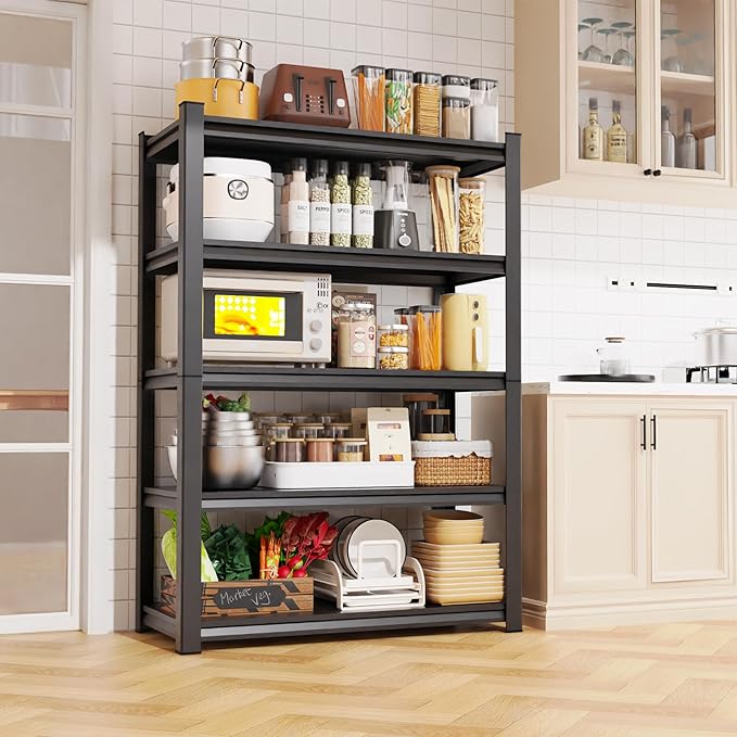 Set of 4 Garage Shelving 5-Tier Heavy Duty Storage Shelves, Adjustable Metal Shelving Unit, Utility Garage Organizer Shelf for Basement, Pantry, Kitchen, Warehouse,15.7" Dx35.4 Wx71.2 H, Black