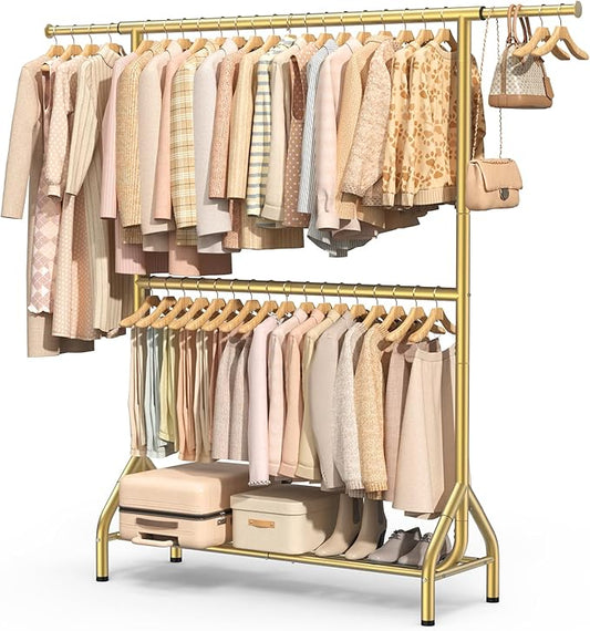 EAGMAK Double Rod Clothing Rack Load 622 LBS, Heavy Duty Clothes Rack for Hanging Clothes, 82.68 inch High Garment Rack with Sotrage Shelves, Metal Clothing Hanger Closet Wardrobe Organizer (Gold)