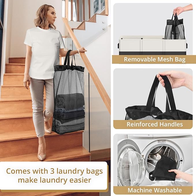 Optish 180L Laundry Hamper 3 Section, Large Laundry Basket with Lid, Laundry Basket Organizer with Handles, Divided Clothes Hampers for Laundry, Bedroom, Bathroom, White & Black