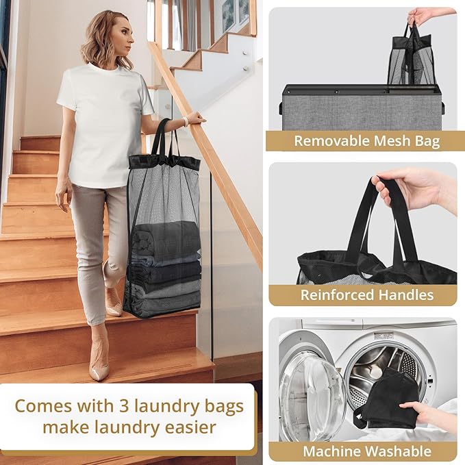 Optish 180L Laundry Hamper 3 Section, Large Laundry Hamper with Lid, Dirty Clothes Hampers with Handles, Laundry Basket Organizer for Laundry, Bedroom, Bathroom, Laundry Sorter Baskets, Grey