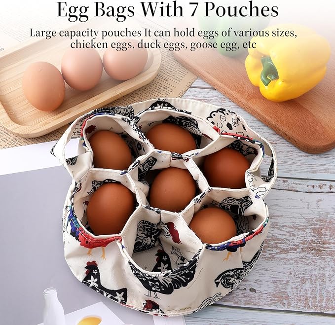 JJUNW 1 Pc Egg Collection Basket, Farmhouse Chicken Egg Holder with 7 Bags, Handheld Egg Purse Egg Basket for Collecting Fresh Eggs, Housewife Garden Transport Storage(Beige Chicken)