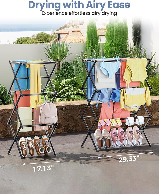 APEXCHASER Clothes Drying Rack, 3-Tier Laundry Drying Rack for Clothes, Expandable Metal Clothing Dryer, Collapsible Towel Rack, Air Drying Rack, Black