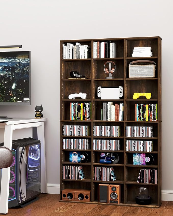 DVD Storage Tower with Adjustable Shelves, 9-Tier DVD Rack Tower for CDs, DVDs, Blu-Rays, Video Games, Rustic Brown Multimedia Storage Cabinet, Media Shelf Organizer for Living Room