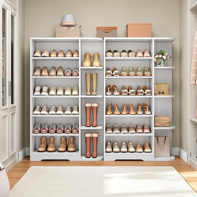 YATINEY Tall Shoe Rack, Multifunctional Shoe Cabinet with Open Storage, Entryway Shoe Organizer for Closet, 7-Tier Wooden Shoe Storage Closet with Adjustable Shelves, White SC02WT