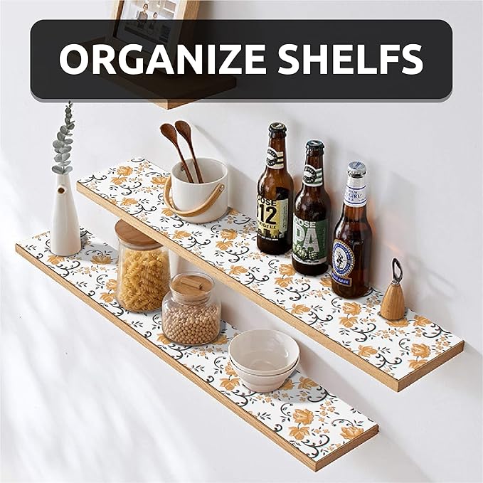 FIFTY FEET 12X120 Inch Shelf Liner for Kitchen Cabinets, PVC Drawer Liner for Dresser Non-Slip Bathroom, Non-Adhesive Cabinet Liner Washable (Yellow Floral)(4 Roll)