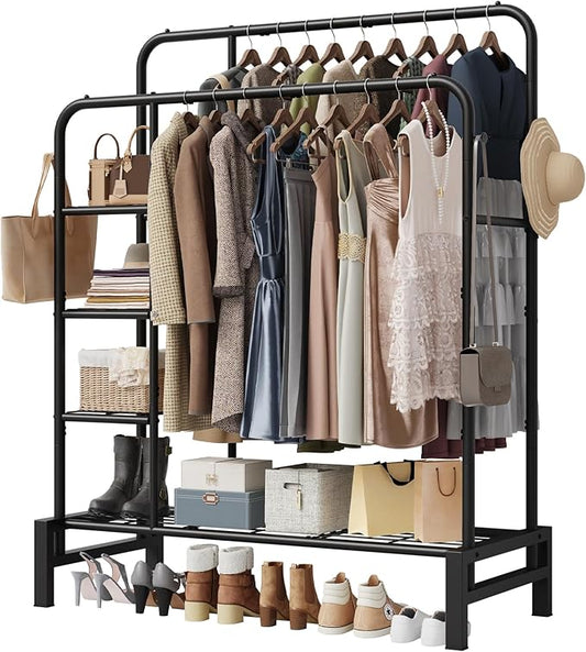Clothes Rack for Hanging Clothes, Double Rods Clothing Rack with 3 Tier Storage Shelves, Multifunctional Heavy Duty Garment Rack for Bedroom, Laundry, Wardrobe Closet, Black