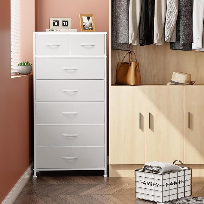 Crestlive Products Vertical Dresser Storage Tower - Sturdy Steel Frame, Wood Top, Easy Pull Fabric Bins, Handles - Organizer Unit for Bedroom, Hallway, Entryway, Closets - 7 Drawers (White)