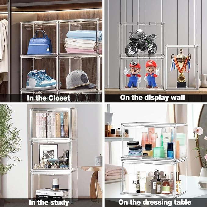 10 Pcs Clear Shoe Storage Boxes Stackable Acrylic Sneaker Shoe Display Case Size 14, Transparent Storage Bins for Boot Handbag Organizer Containers with Magnetic Lids