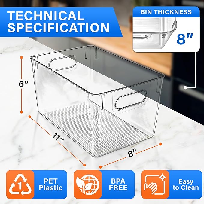 Lifemaster Multi-purpose Refrigerator Bins - 10 pieces Large Capacity Stackable Fridge Bin Organizer with Easy Grip Handles - Clear