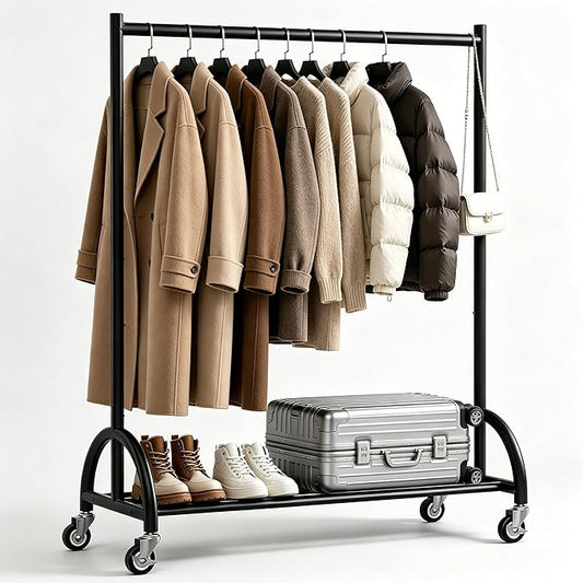 KEETDY Heavy Duty Clothing Racks for Hanging Clothes Heavy Duty Clothes Rack Rolling Garment Rack with Wheels Freestanding Closet Racks, 210 LBS Load Capacity for Coats, Garment, Dress, Shirt, Black