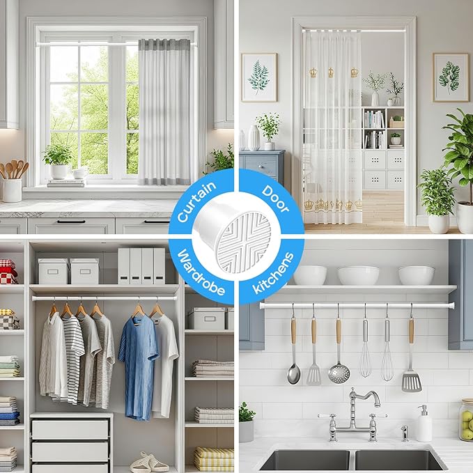 4pack Tension Curtain Rod 16 to 36Inch, White Spring Tension Curtain Rod Adjustable Expandable Curtain Rod No Drilling, Spring Loaded Curtain Rods for Windows, Bedroom, Doorway Door, Closet