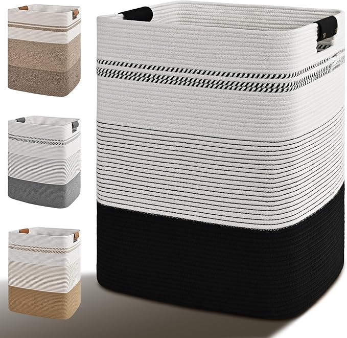 Laundry Hamper, 85L Tall Laundry Basket with Leather Handles, Rectangle Large Clothes Hamper for Organizing, Cotton Woven Laundry Baskets Storage Hampers for Bedroom, Nursery, Living Room