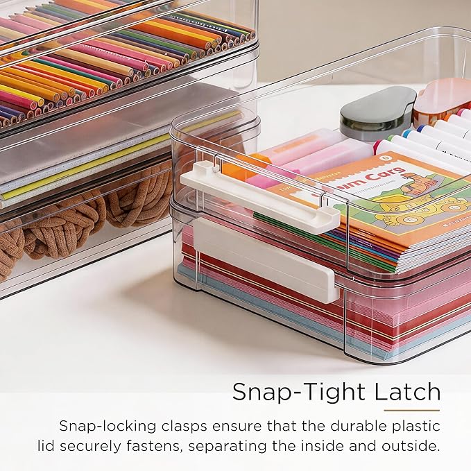 Citylife 5 PCS 6 Qt Plastic Storage Bins with Lids and Latches, Portable Project Case for Drawers, Clear Stackable File Box for Organizing A4 Paper, Letters, Documents, Art Supplies, and Crafts