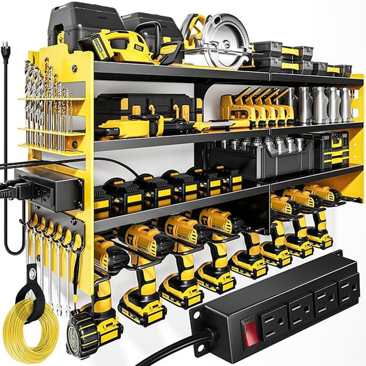POKIPO Large Power Tool Organizer Wall Mount with Charging Station,4 Layer Heavy Duty Metal Storage Rack Loads 600lbs with 8 Cordless Drill Holder,Battery Utility Rack Gift for Garage workshops Room