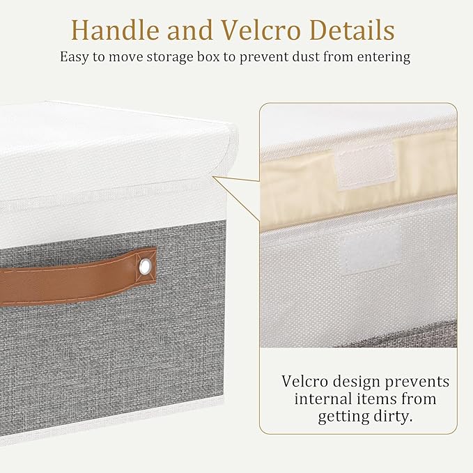 OUTBROS Large Cube Storage unit Boxes, Collapsible Bin with Lid, Linen Fabric Wardrobe Organiser, Baskets For Towels, Clothes, 17.7 x 11.8 x 11.8 inch (White/Grey, 3-Pack)