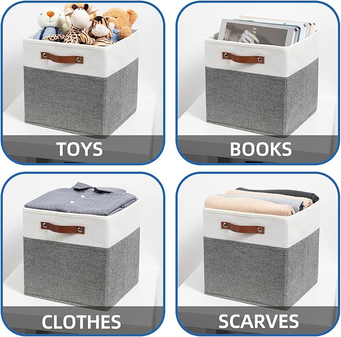 Temary Storage Cubes 12x12 Fabric Cube Storage Bins Foldable Storage Baskets with Handles, Decorative Storage Boxes for Organizing, Home, Office, Nursery, Shelf, Closet (White & Grey, 12 x 12 x 12)