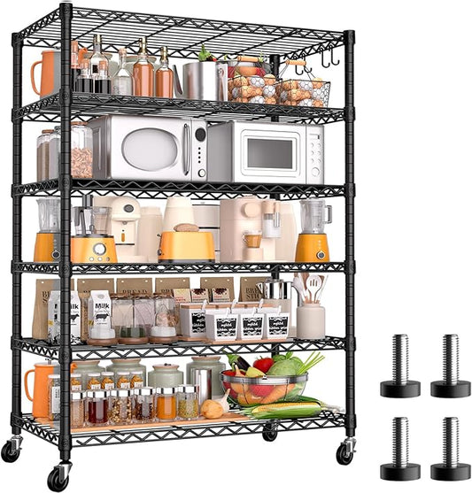 PrimeZone 6 Tier Wire Shelving with Wheels 78''H 1500lbs Storage Shelves NSF Certified Heavy Duty Steel Metal Shelf Adjustable Rolling Rack Kitchen Garage Closet Pantry Laundry 78''HX36''WX18''D