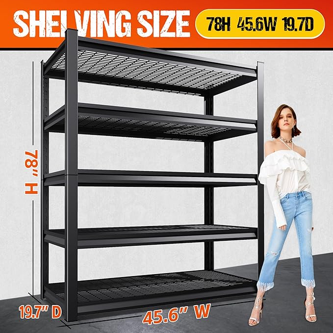 Set of 2 Heavy Duty Garage Shelving 5T Storage Shelves, Adjustable Metal Shelving Unit, Utility Garage Organizer Shelf for Basement, Pantry, Warehouse, Supermarket, 45.6" Wx19.7 Dx78 H