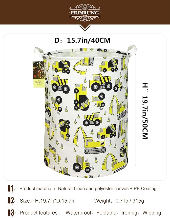 HUNRUNG Collapsible Fabric Storage Basket, Waterproof Laundry Hamper with Handles, Round Storage Bin for Clothes Toys, Foldable Organizer for Bedroom Nursery Bathroom(Round Engineering)
