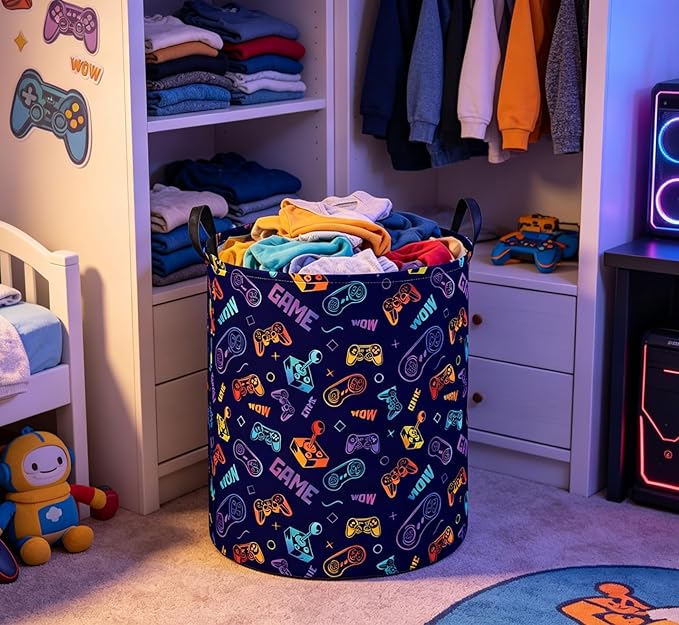 Essme Kids Laundry Basket,Game Hamper Collapsible Waterproof Storage Bin for Boys,Gift Baskets(Color Game)