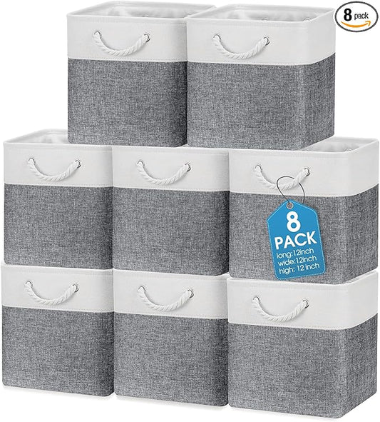 meekoo 8 Pack Collapsible Storage Bins Fabric Storage Bins Polyester Fabric Baskets with Handles Linen Closet Organizer for Shelf Home Closet Towels Toys(12 x 12 x 12 in,Gray White)